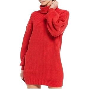 Micha Lounge Balloon Sleeve Turtleneck Chunky Knit Sweater Dress Red Orange Sz L